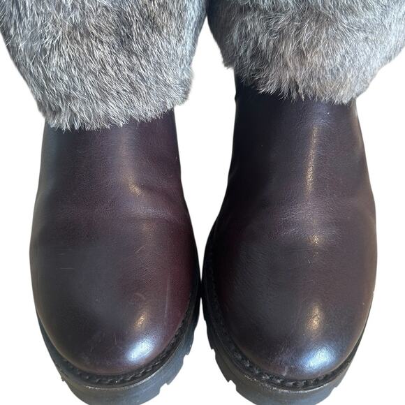 Frye Vintage Natalie Rabbit Fur Cuffed Burgundy Leather Boots 7.5 - Picture 6 of 12
